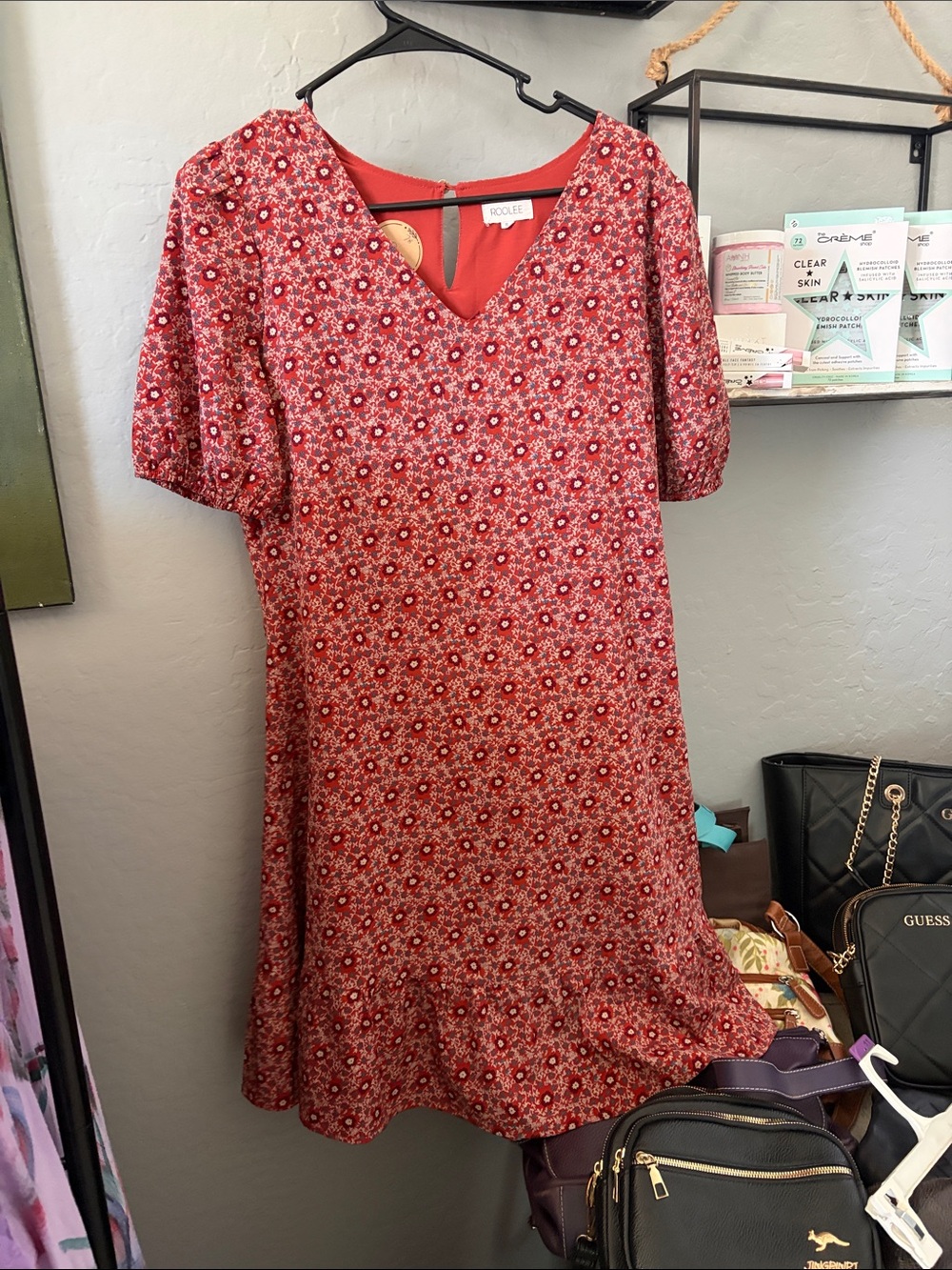 Roolee Red Floral V-Neck Puff Sleeve Mini Dress